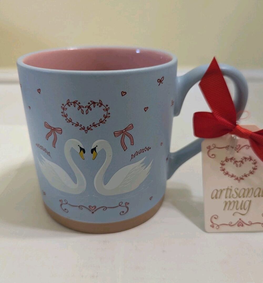 Sunday Morning SWAN Heart Mug With Red Bows Valentine Love Birds NEW